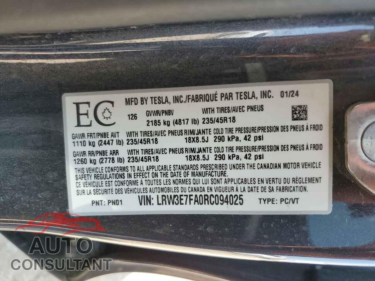 TESLA MODEL 3 2024 - LRW3E7FA0RC094025