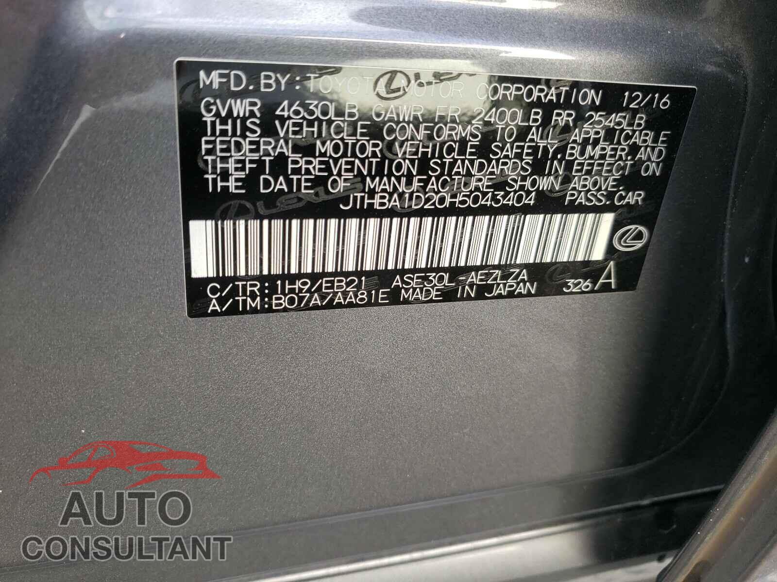 LEXUS IS 2017 - JTHBA1D20H5043404