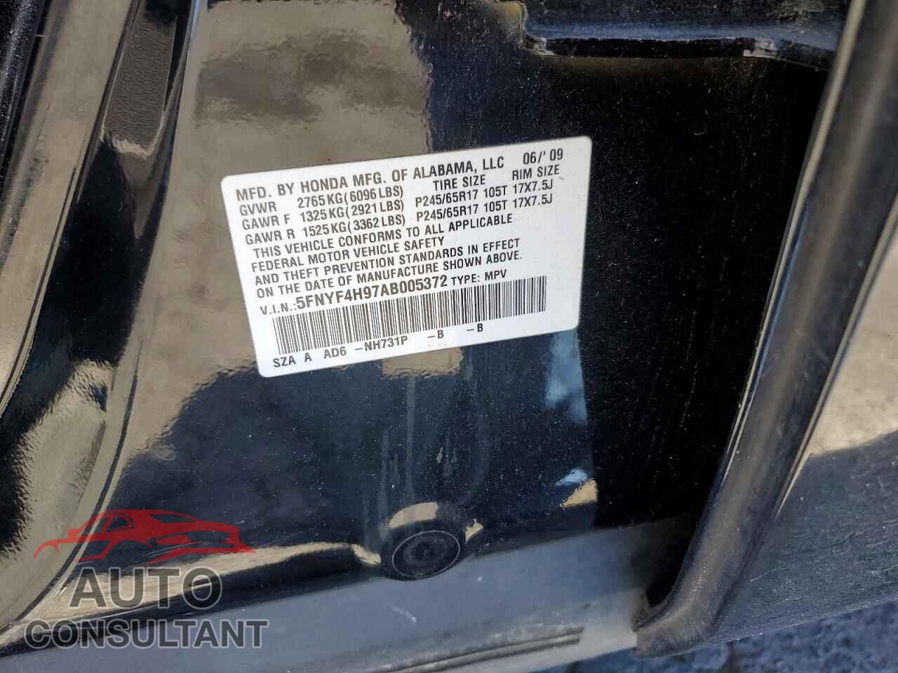 HONDA PILOT 2010 - 5FNYF4H97AB005372