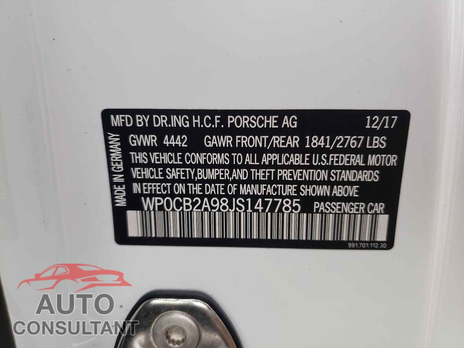PORSCHE 911 2018 - WP0CB2A98JS147785