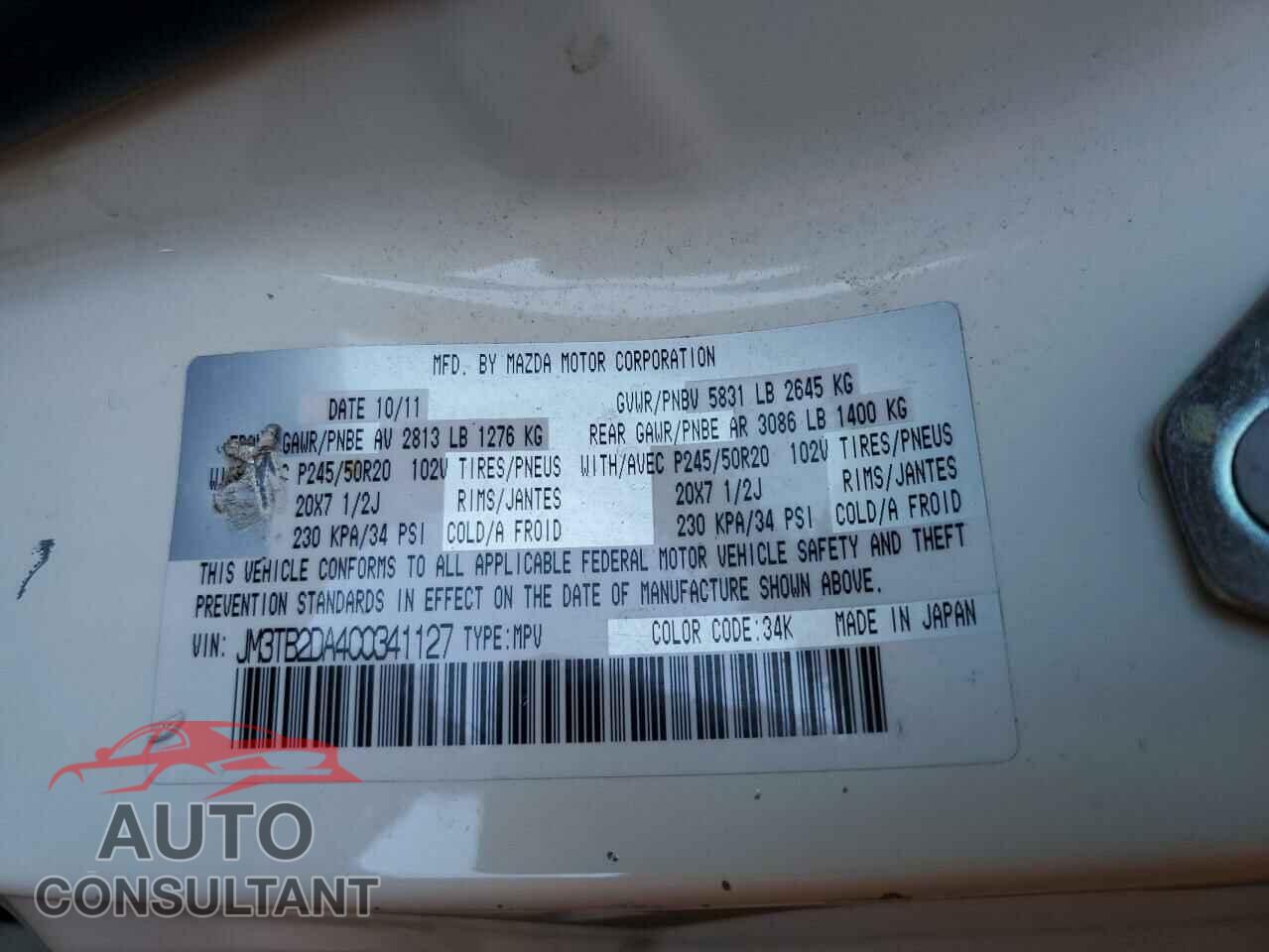 MAZDA CX-9 2012 - JM3TB2DA4C0341127