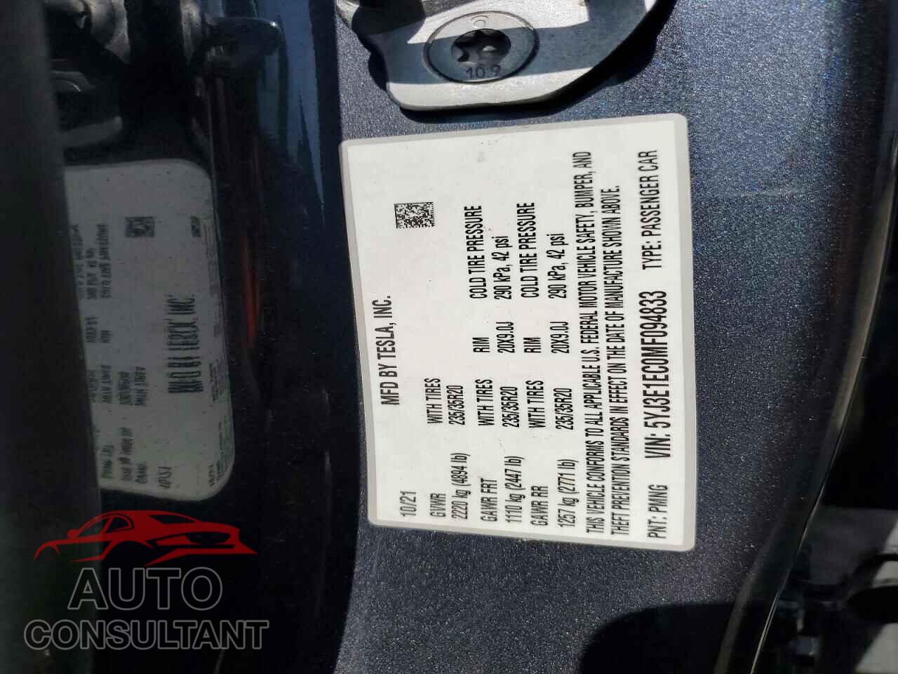 TESLA MODEL 3 2021 - 5YJ3E1EC0MF094833