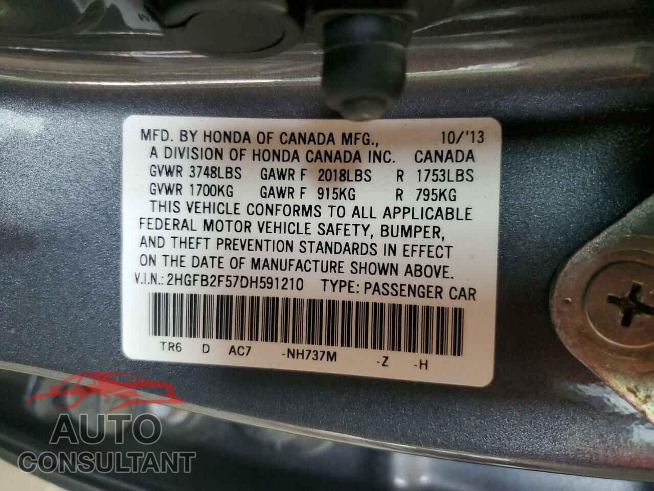 HONDA CIVIC 2013 - 2HGFB2F57DH591210