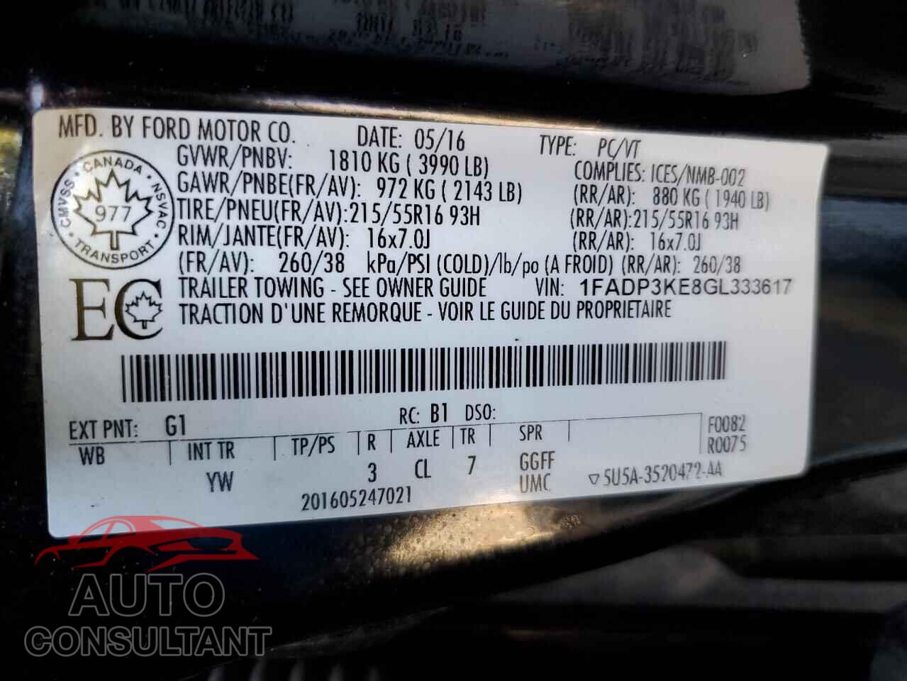 FORD FOCUS 2016 - 1FADP3KE8GL333617