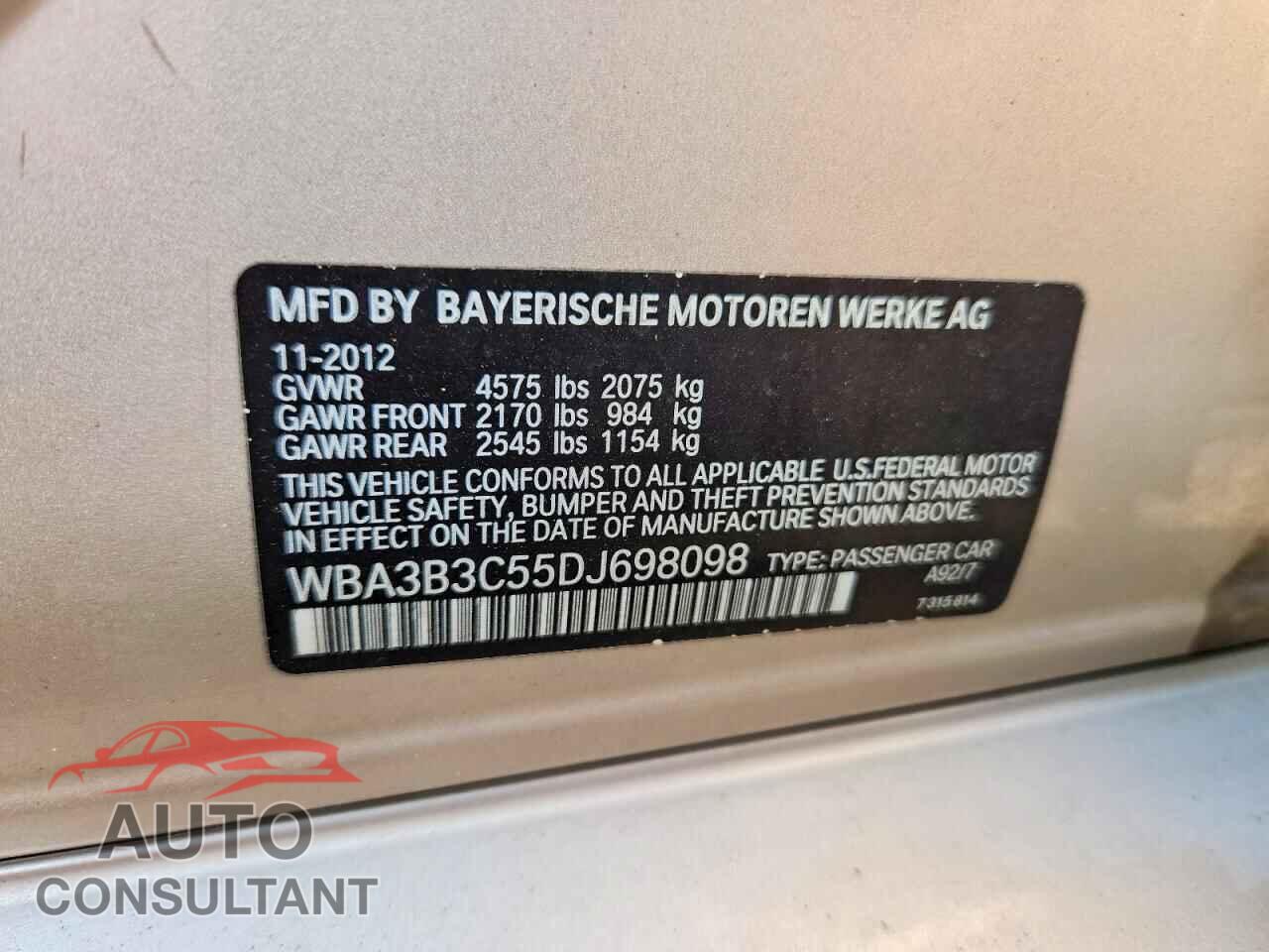 BMW 3 SERIES 2013 - WBA3B3C55DJ698098