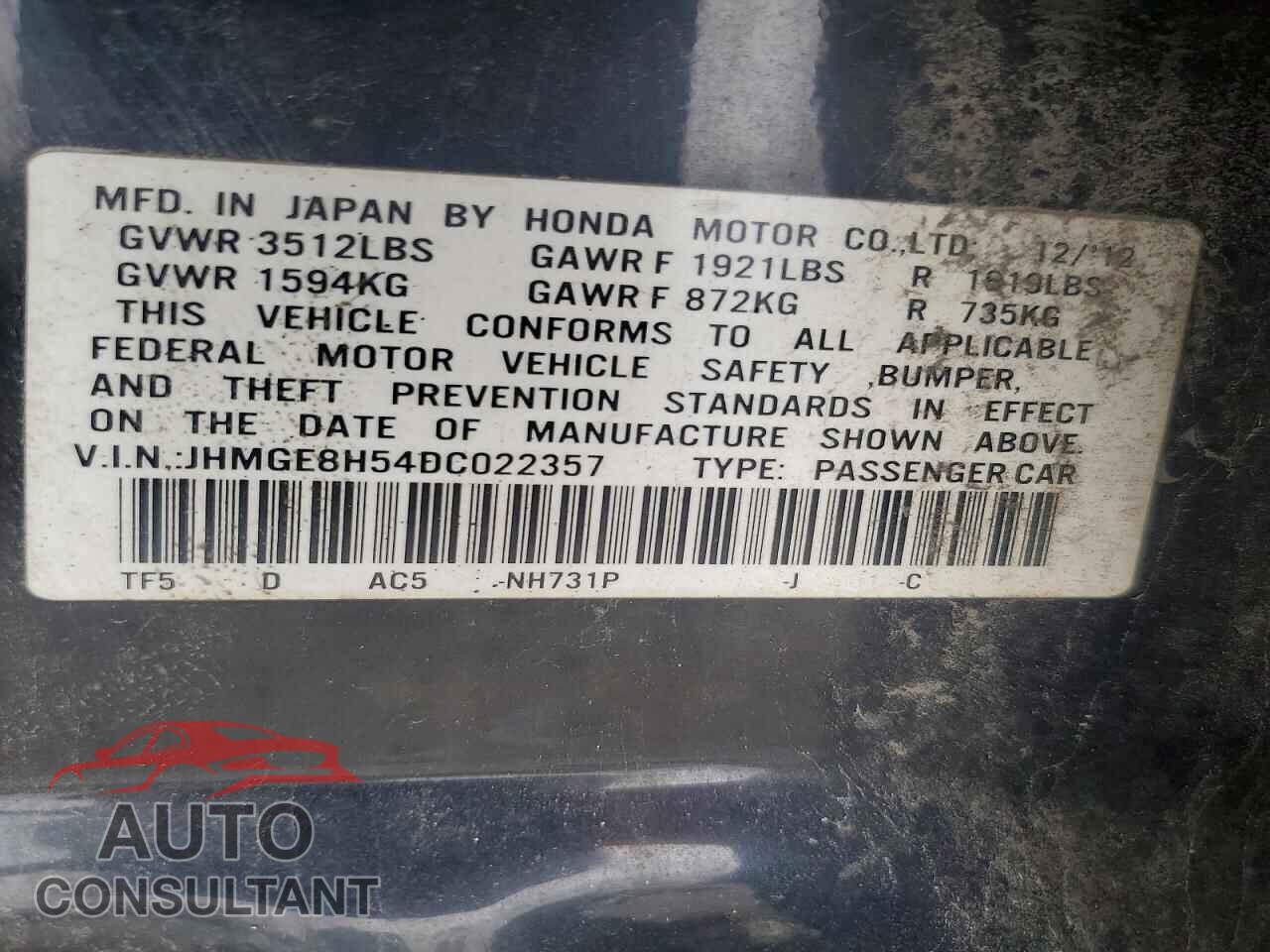 HONDA FIT 2013 - JHMGE8H54DC022357
