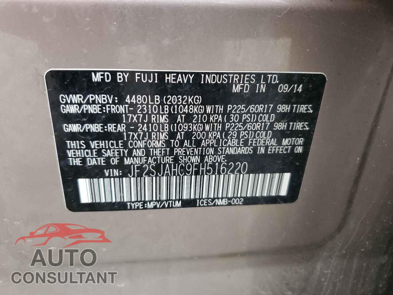 SUBARU FORESTER 2015 - JF2SJAHC9FH516220