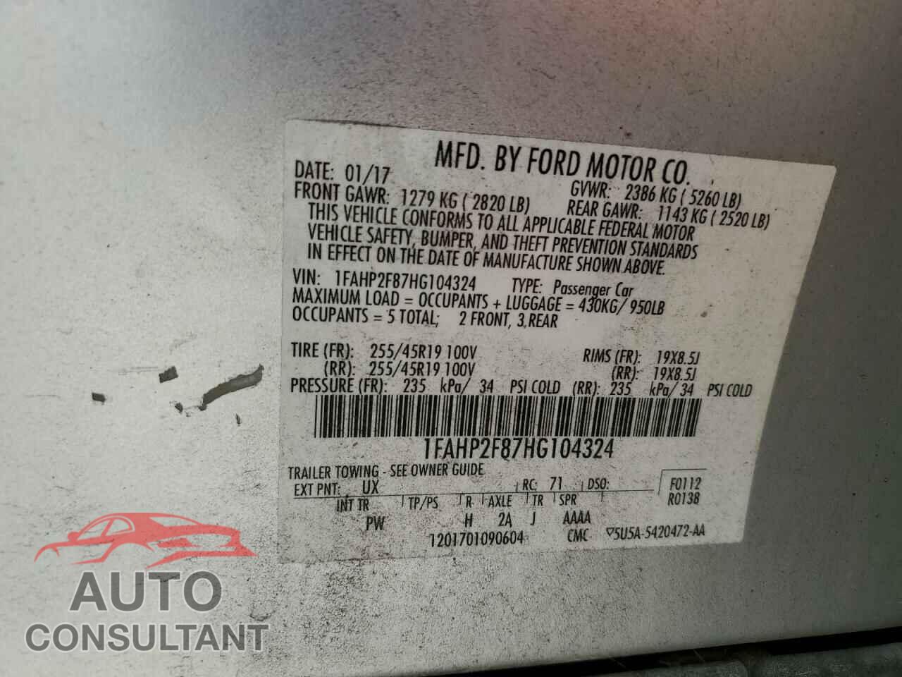 FORD TAURUS 2017 - 1FAHP2F87HG104324