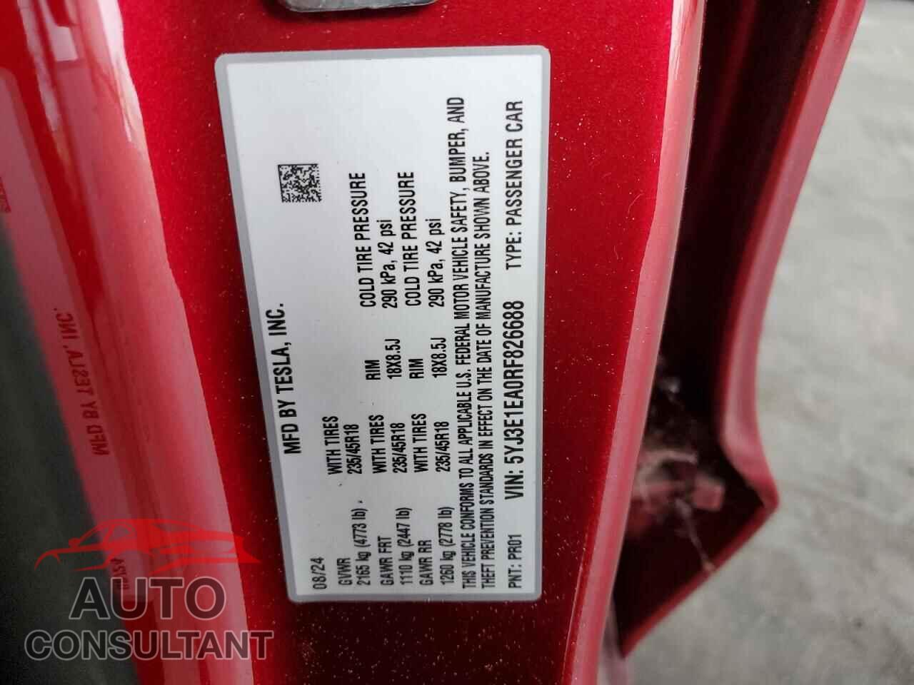 TESLA MODEL 3 2024 - 5YJ3E1EA0RF826688