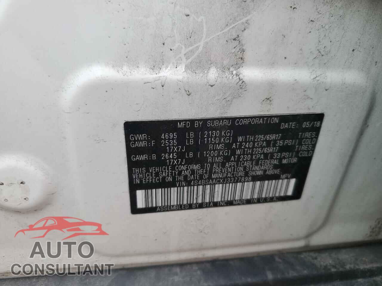 SUBARU OUTBACK 2018 - 4S4BSAACXJ3377898