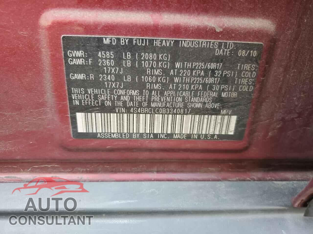 SUBARU OUTBACK 2011 - 4S4BRCLC0B3340817