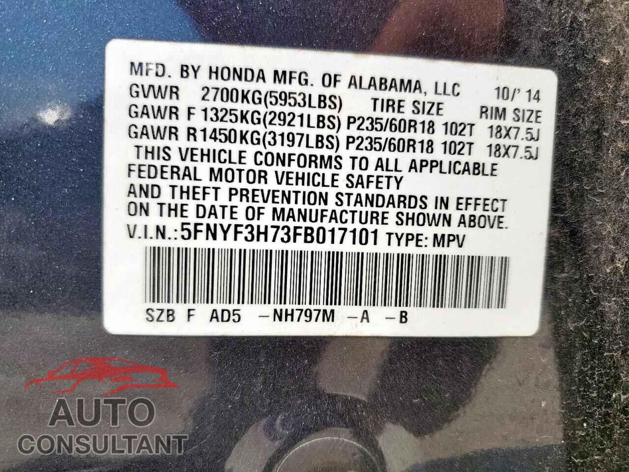 HONDA PILOT 2015 - 5FNYF3H73FB017101