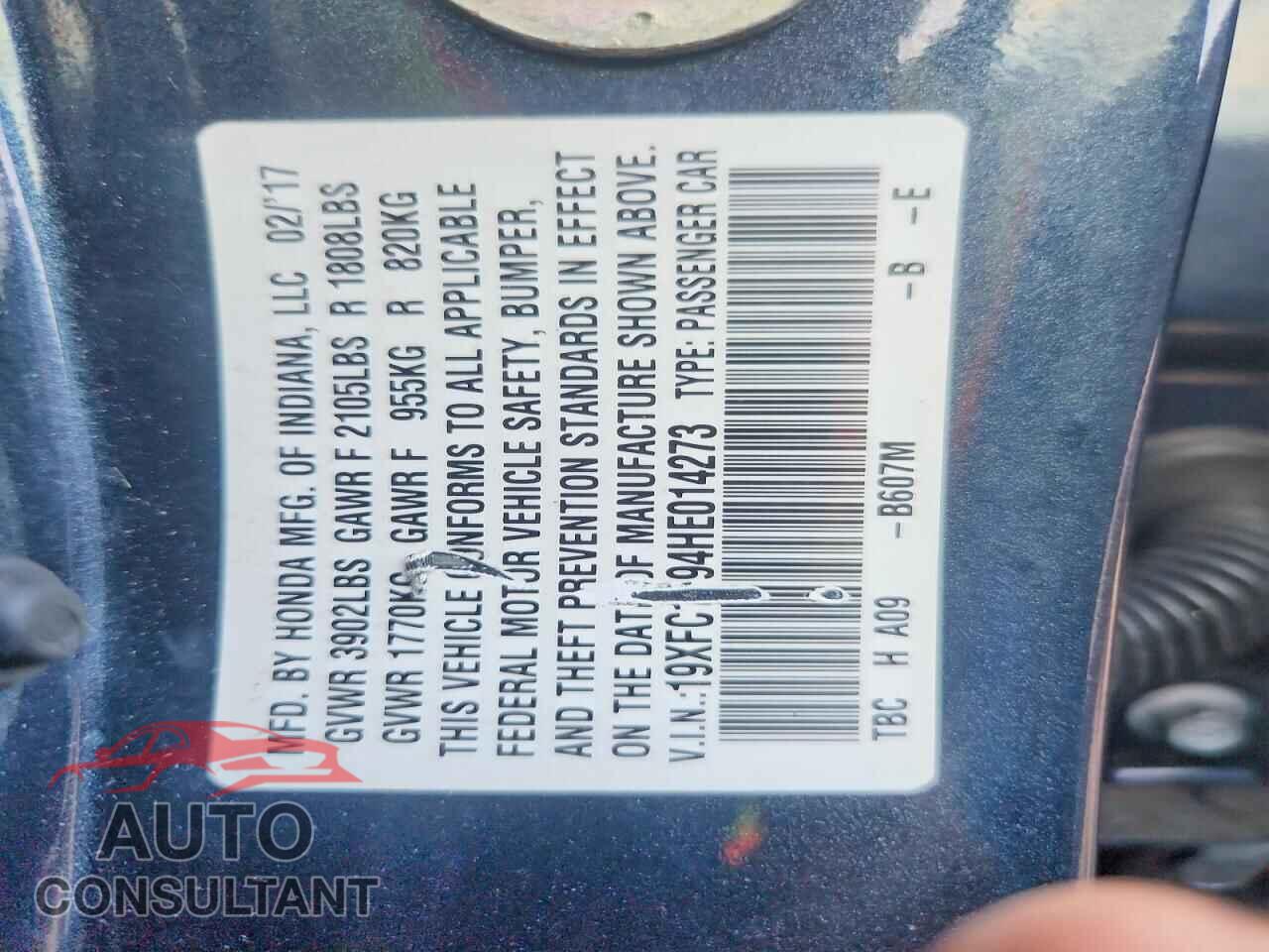 HONDA CIVIC 2017 - 19XFC1F94HE014273