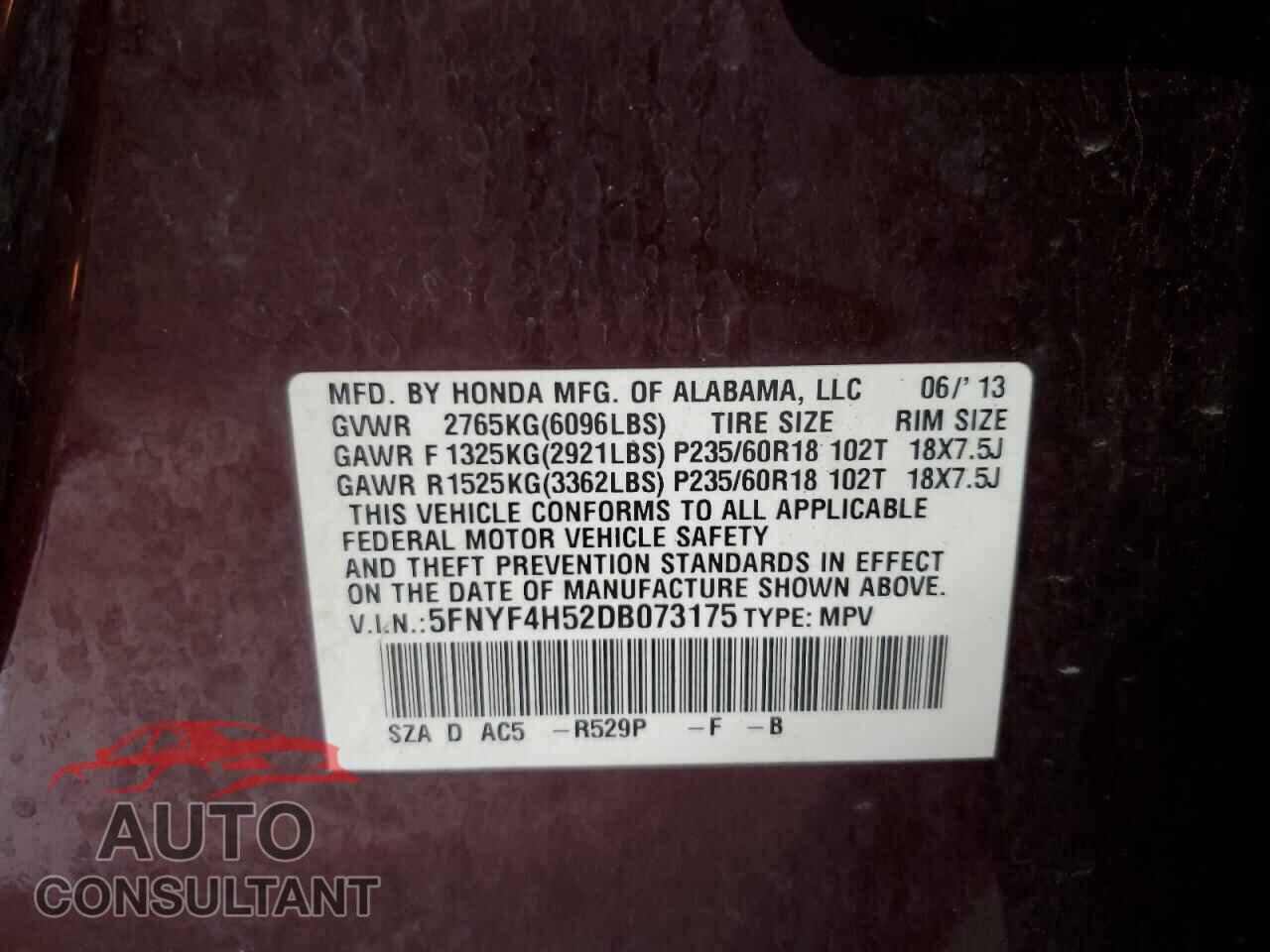 HONDA PILOT 2013 - 5FNYF4H52DB073175