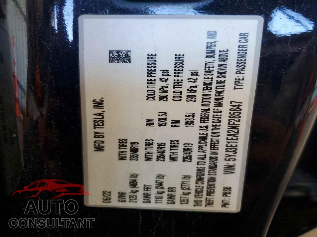 TESLA MODEL 3 2022 - 5YJ3E1EA2NF285847