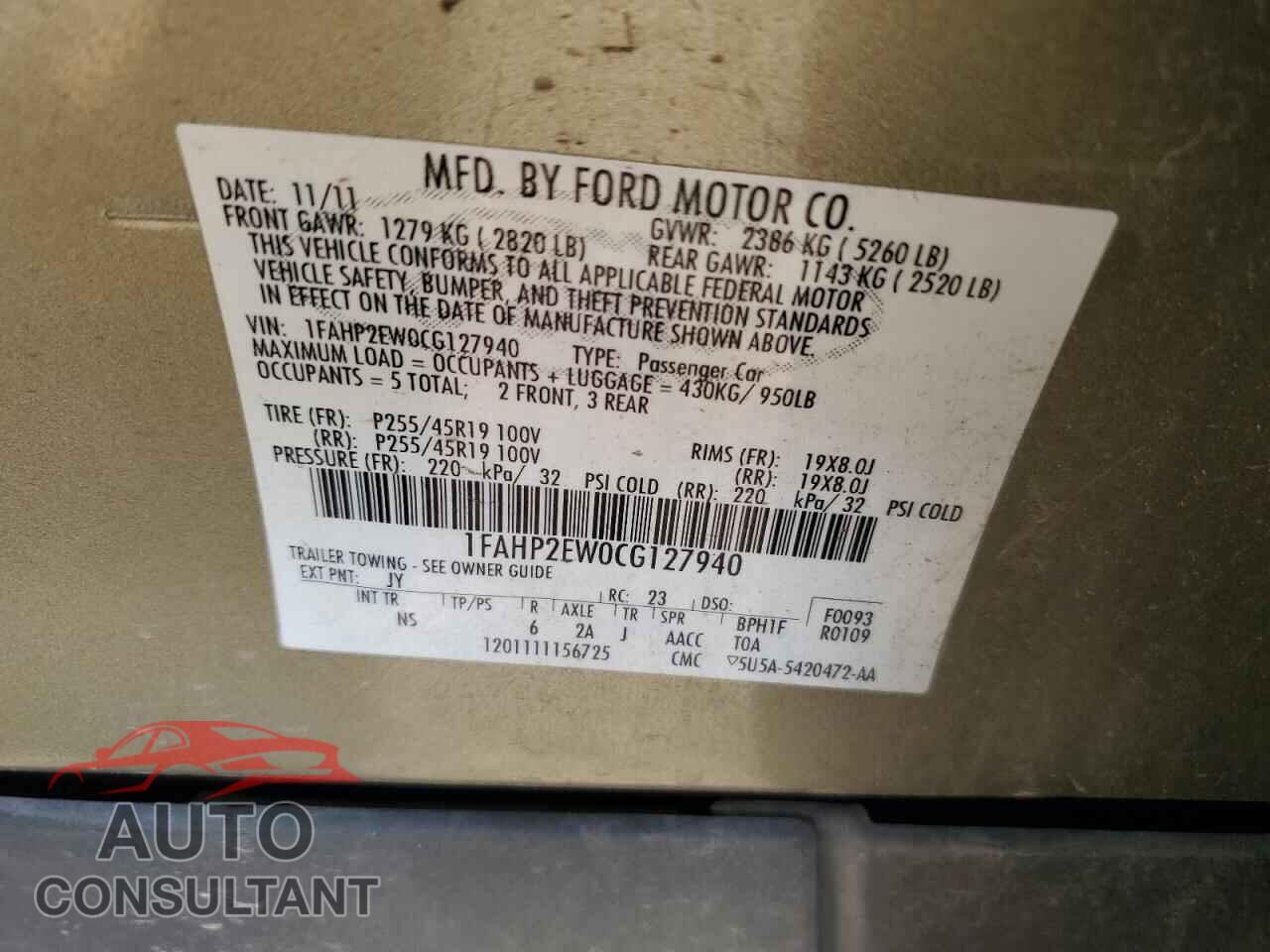 FORD TAURUS 2012 - 1FAHP2EW0CG127940