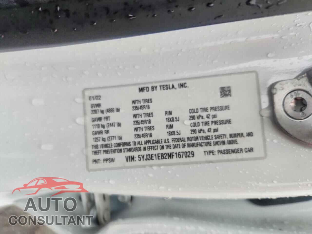 TESLA MODEL 3 2022 - 5YJ3E1EB2NF167029