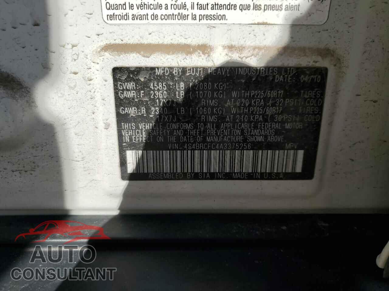 SUBARU OUTBACK 2010 - 4S4BRCFC4A3375256