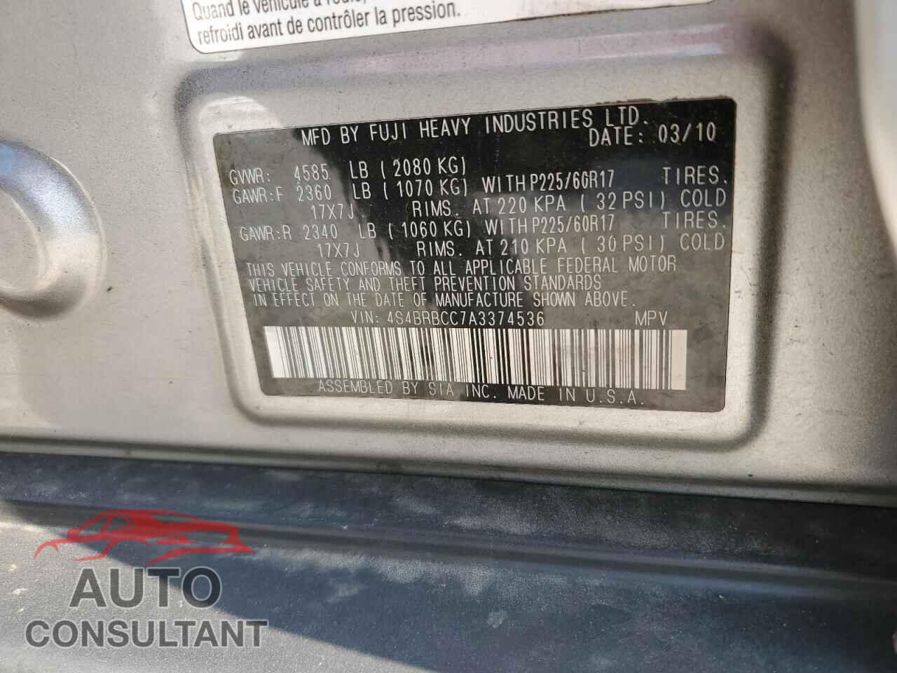 SUBARU OUTBACK 2010 - 4S4BRBCC7A3374536