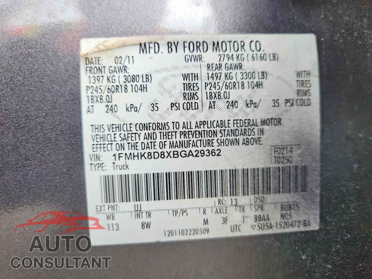 FORD EXPLORER 2011 - 1FMHK8D8XBGA29362