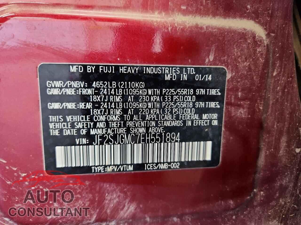 SUBARU FORESTER 2014 - JF2SJGMC7EH551894