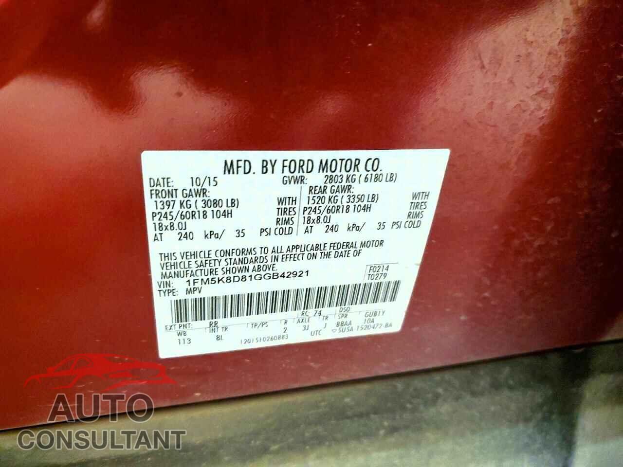 FORD EXPLORER 2016 - 1FM5K8D81GGB42921