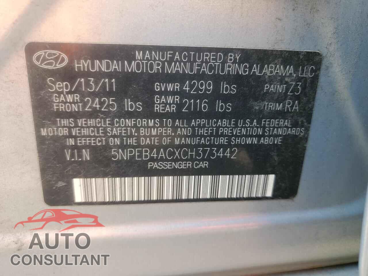 HYUNDAI SONATA 2012 - 5NPEB4ACXCH373442