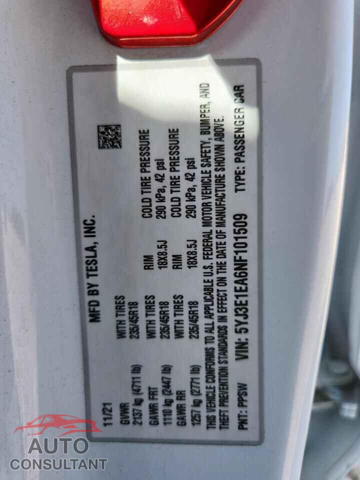 TESLA MODEL 3 2022 - 5YJ3E1EA6NF101509