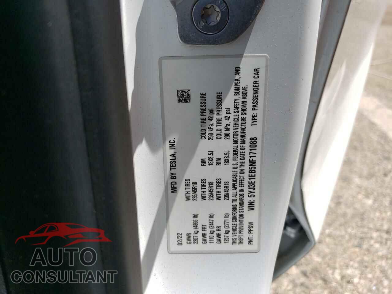 TESLA MODEL 3 2022 - 5YJ3E1EB5NF171088
