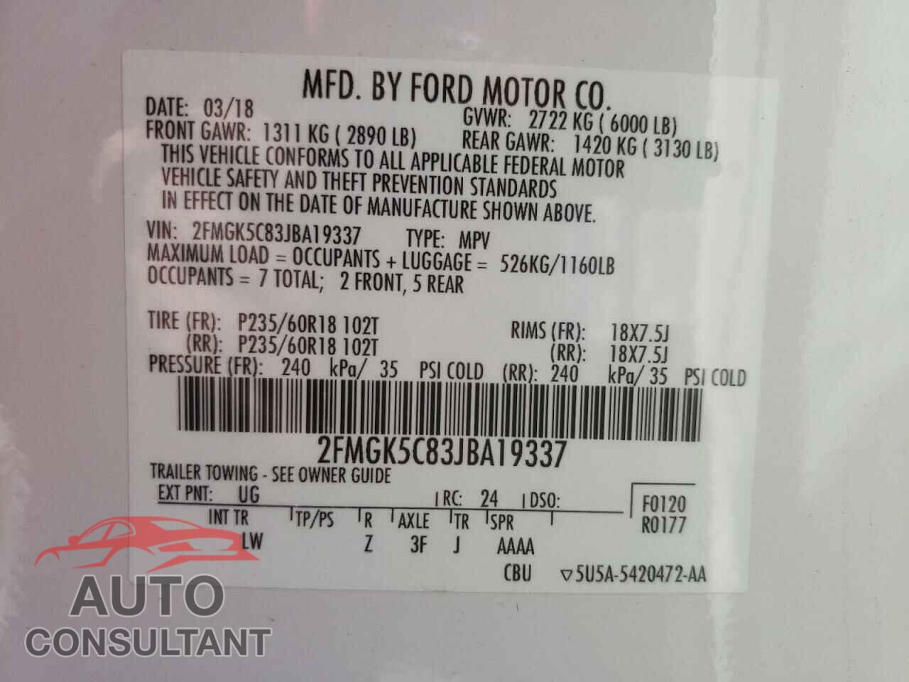 FORD FLEX 2018 - 2FMGK5C83JBA19337