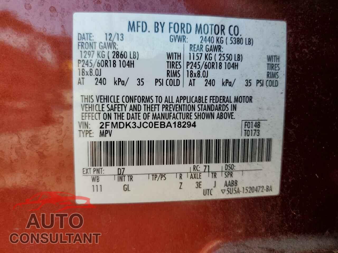 FORD EDGE 2014 - 2FMDK3JC0EBA18294