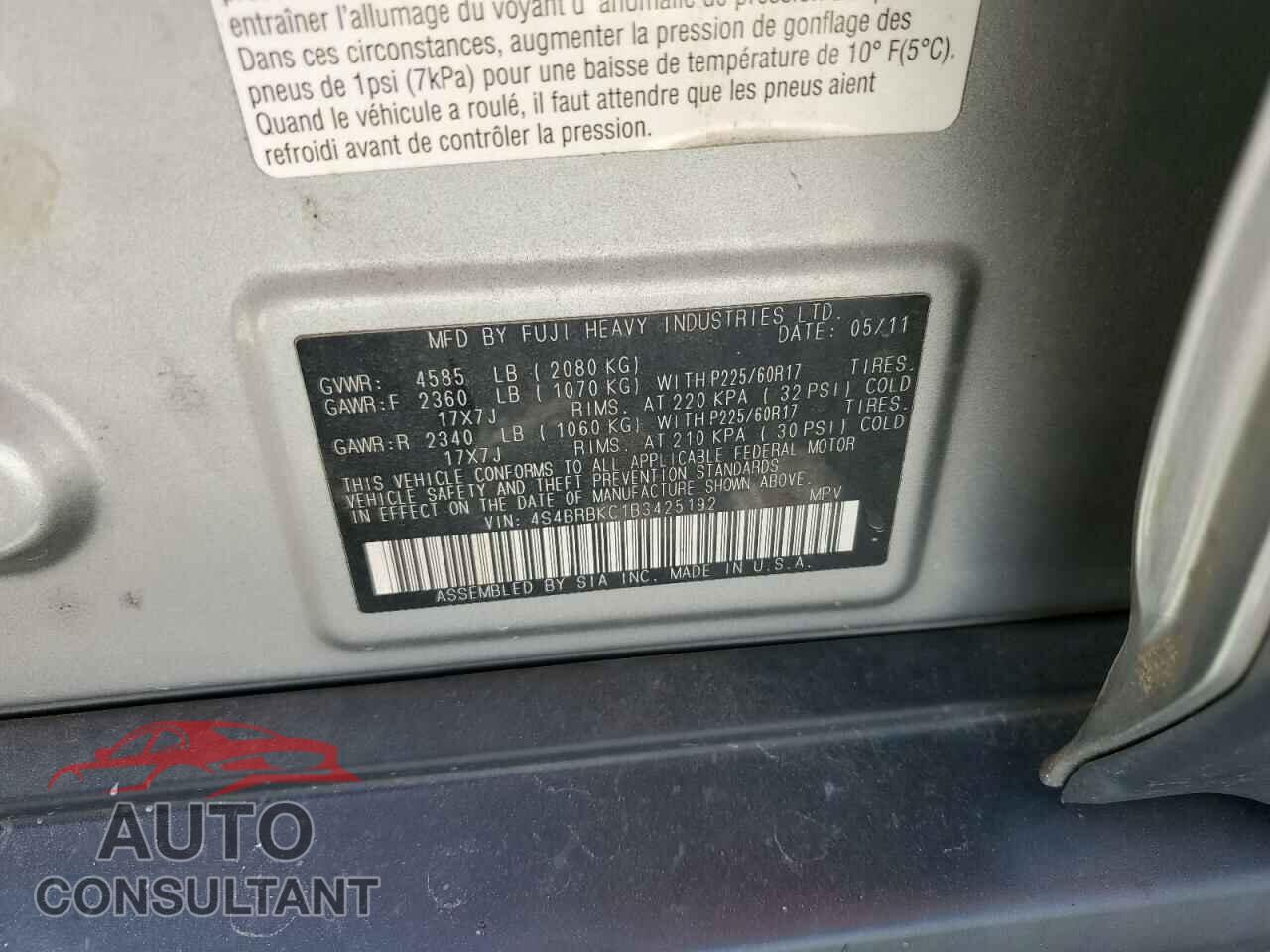 SUBARU OUTBACK 2011 - 4S4BRBKC1B3425192