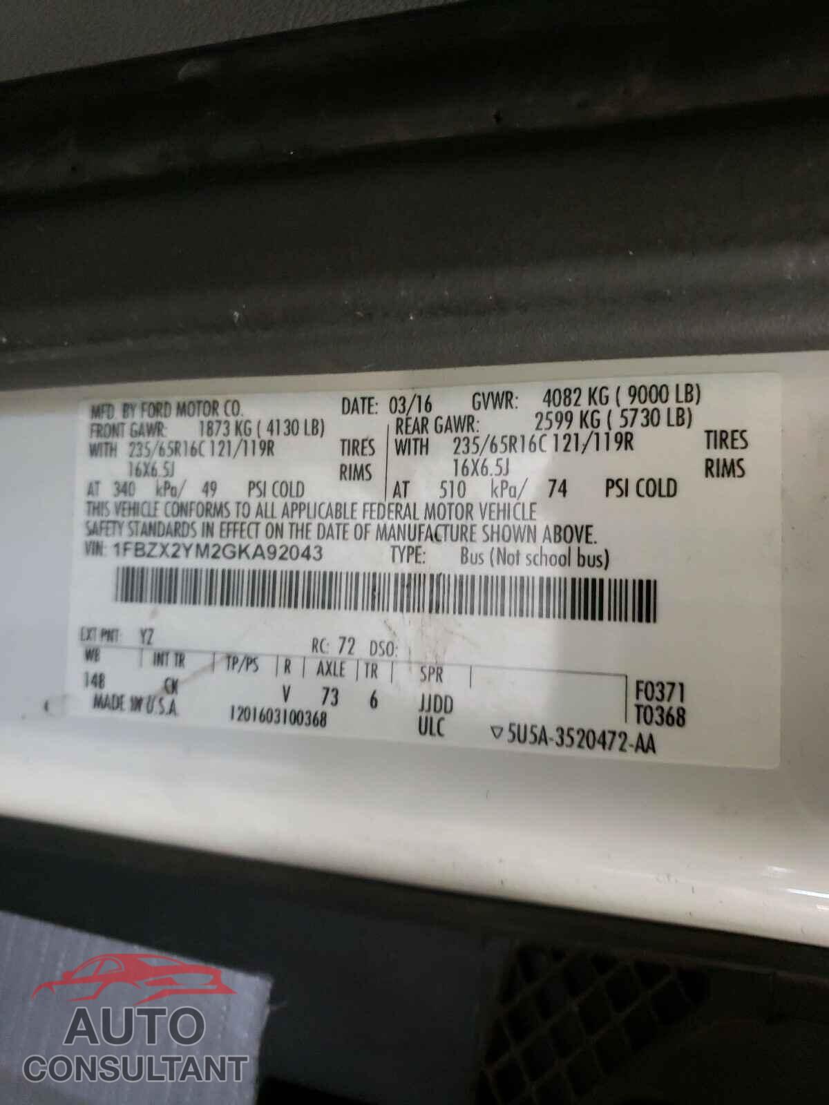 FORD TRANSIT CO 2016 - 1FBZX2YM2GKA92043