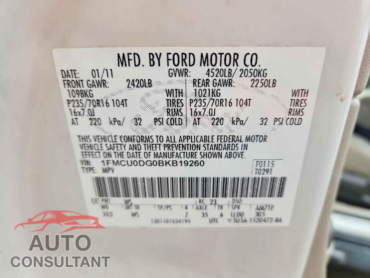 FORD ESCAPE 2011 - 1FMCU0DG0BKB19260