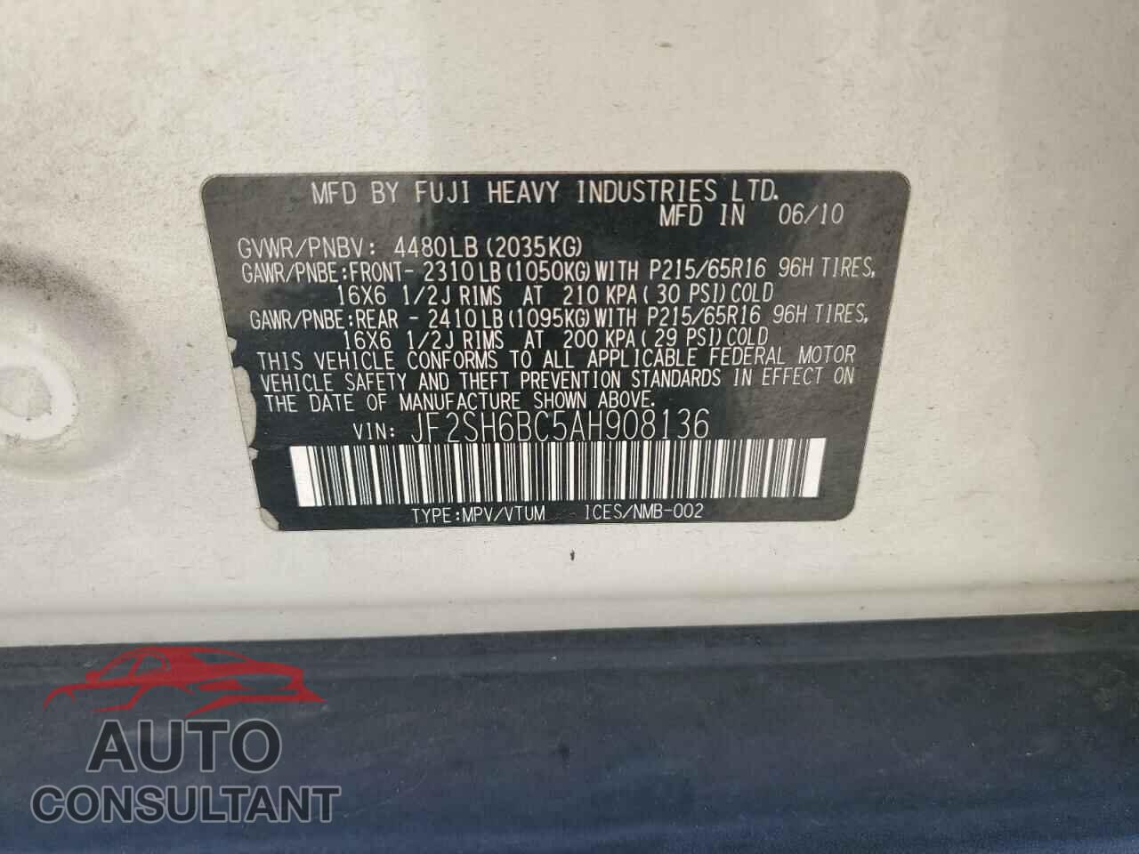 SUBARU FORESTER 2010 - JF2SH6BC5AH908136
