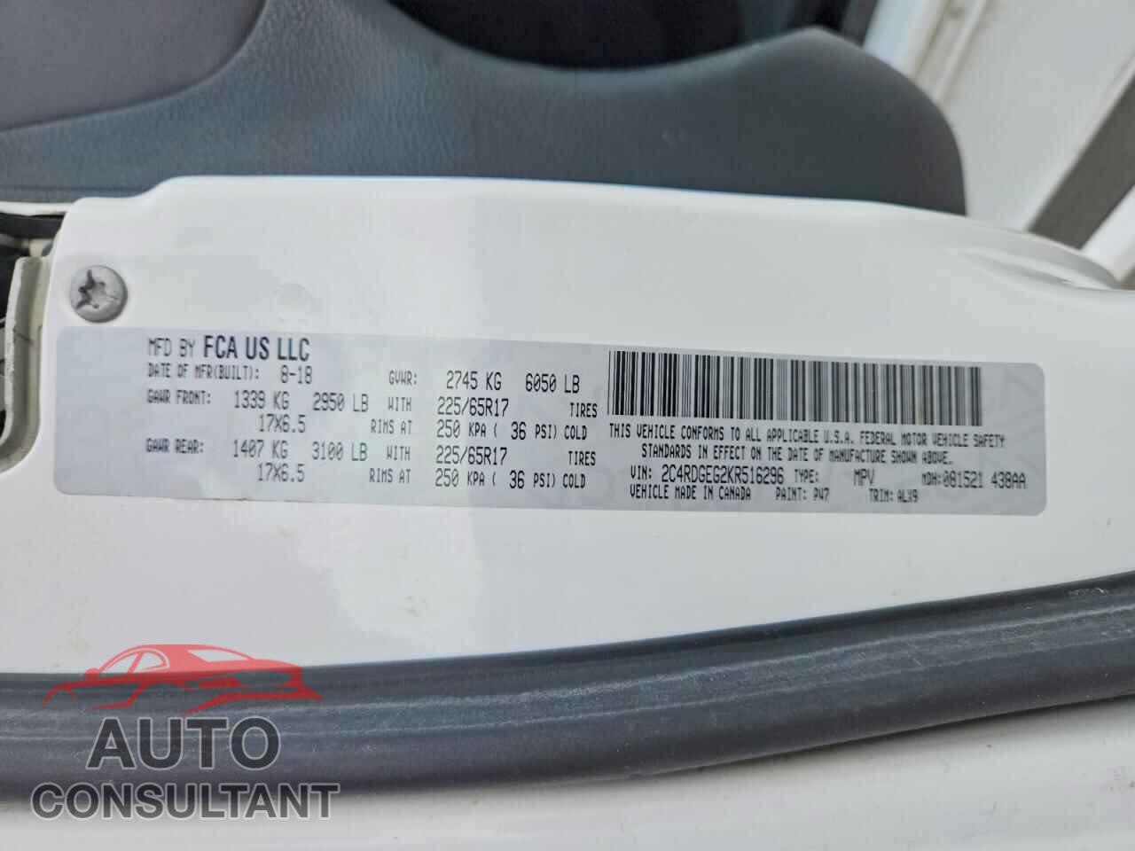DODGE CARAVAN 2019 - 2C4RDGEG2KR516296