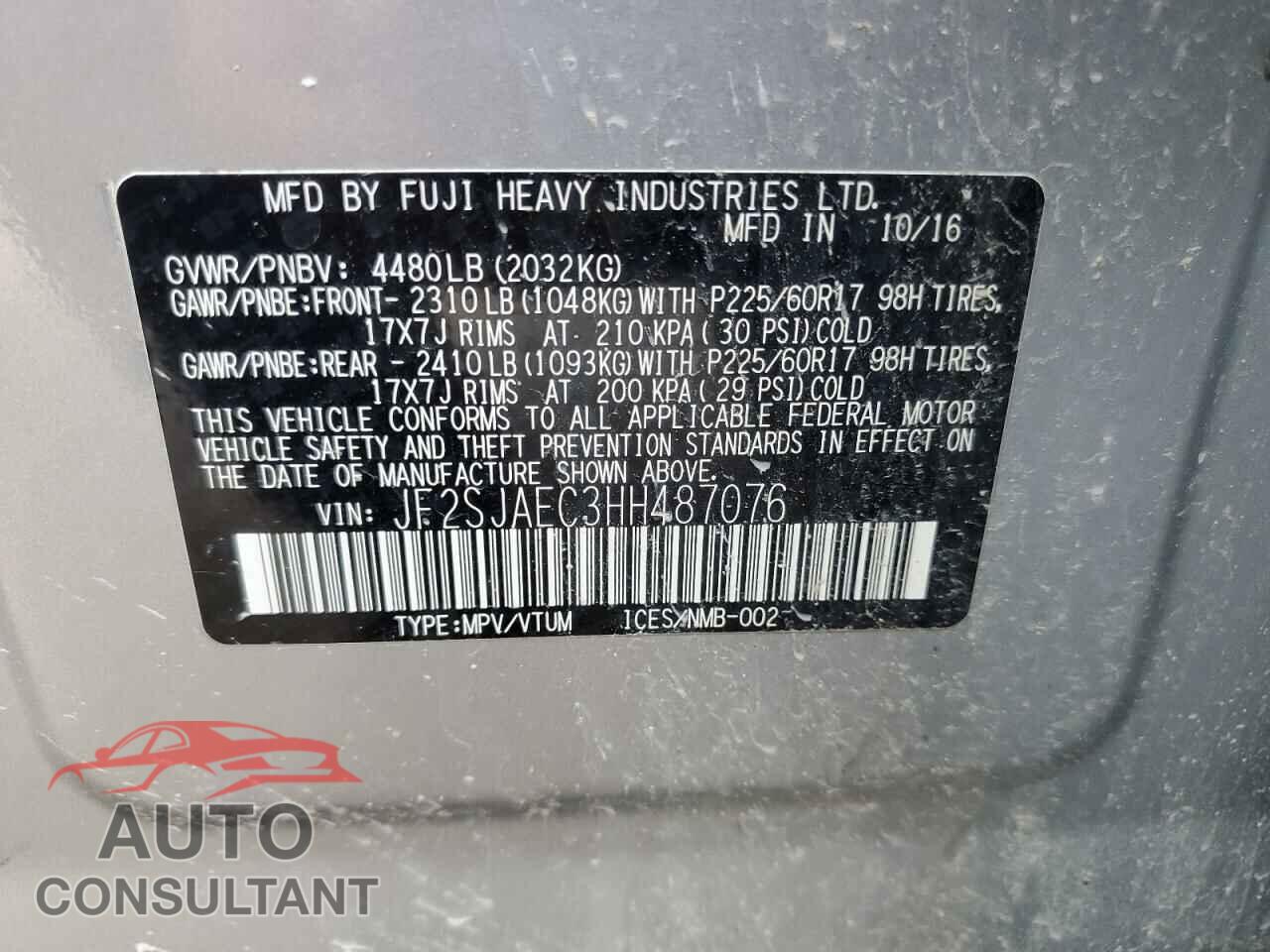SUBARU FORESTER 2017 - JF2SJAEC3HH487076