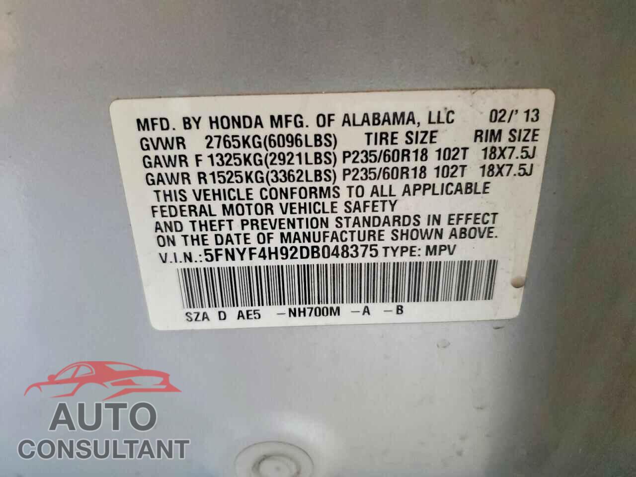 HONDA PILOT 2013 - 5FNYF4H92DB048375