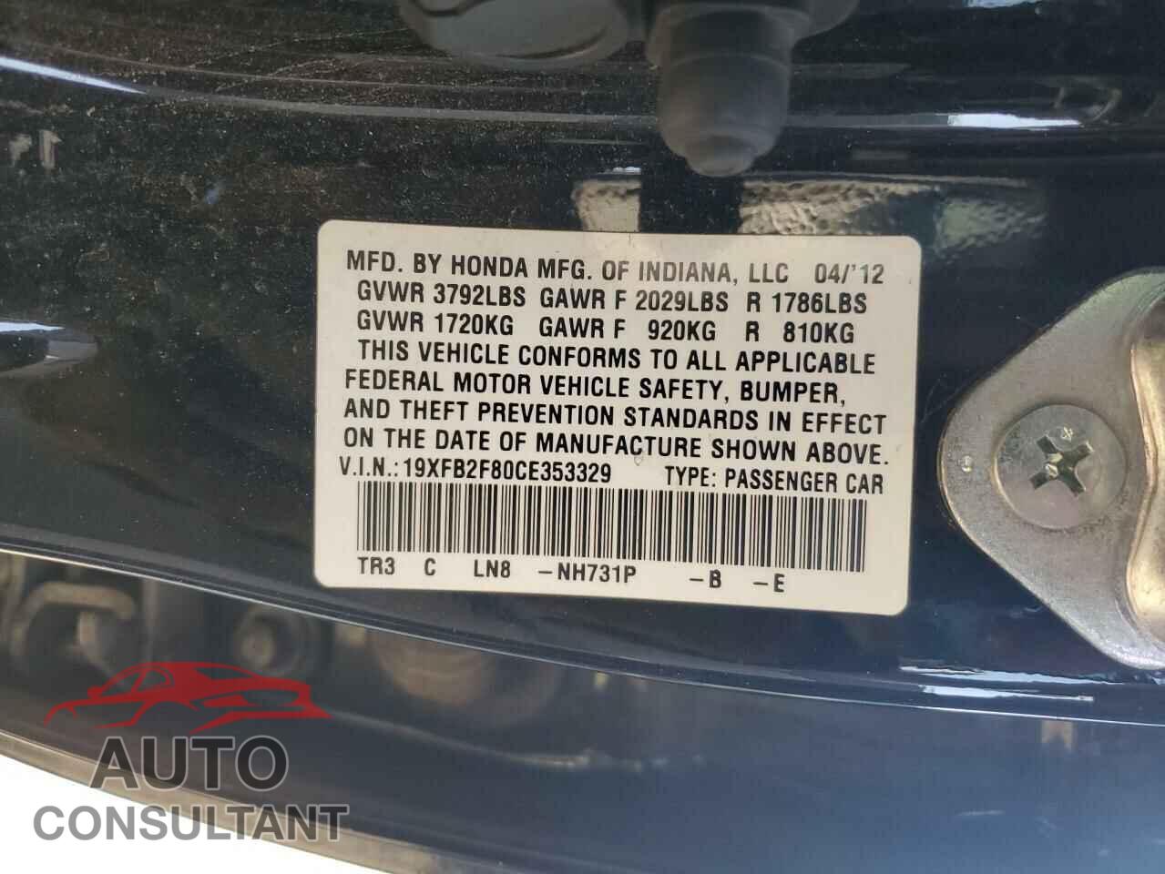 HONDA CIVIC 2012 - 19XFB2F80CE353329
