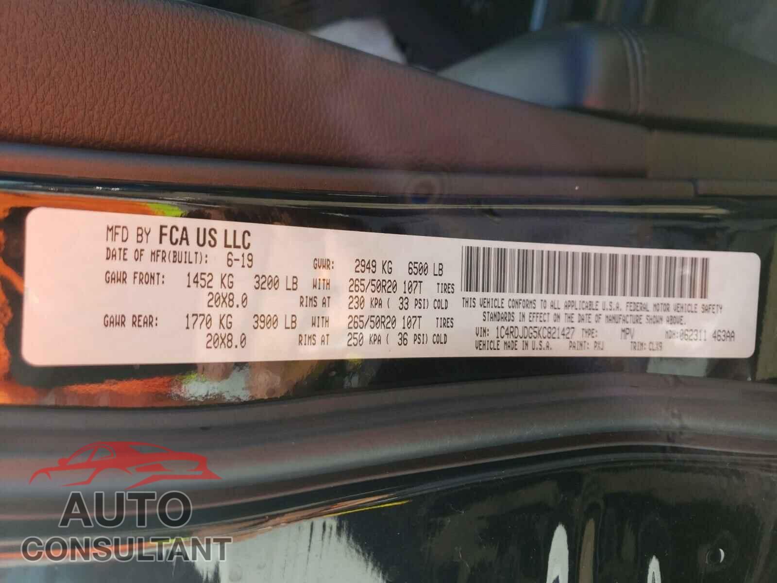 DODGE DURANGO 2019 - 1C4RDJDG5KC821427