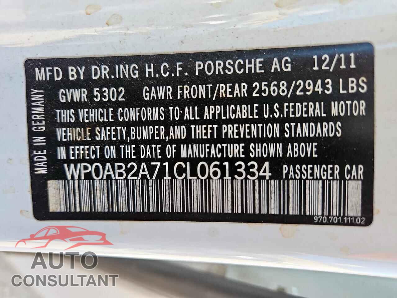 PORSCHE PANAMERA 2012 - WP0AB2A71CL061334