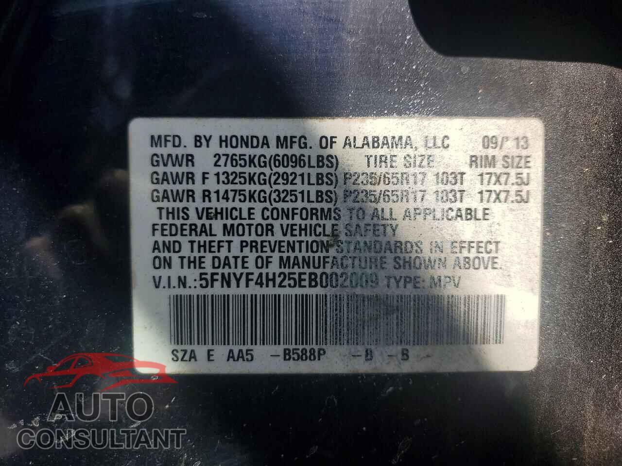 HONDA PILOT 2014 - 5FNYF4H25EB002009
