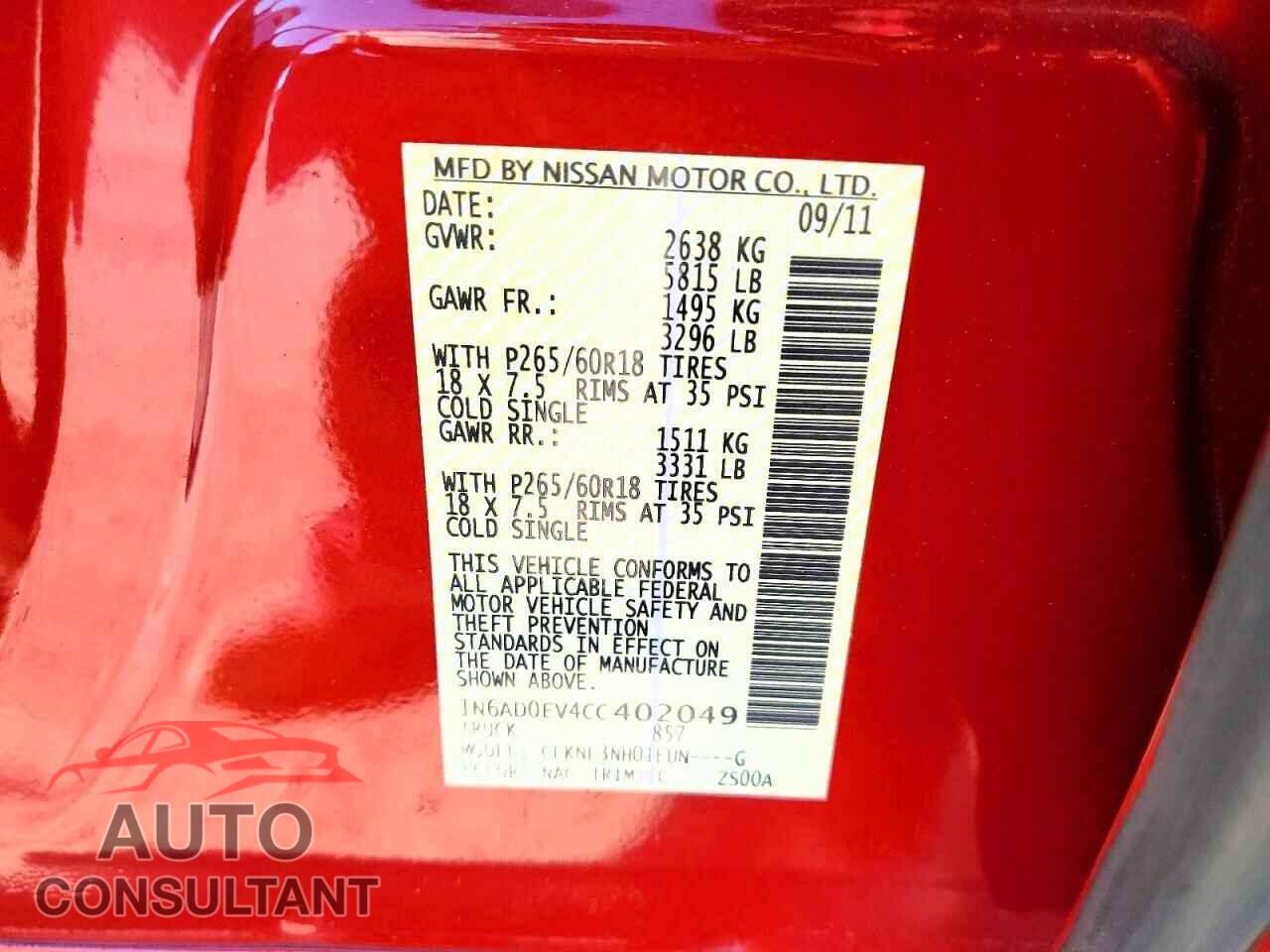 NISSAN FRONTIER 2012 - 1N6AD0EV4CC402049
