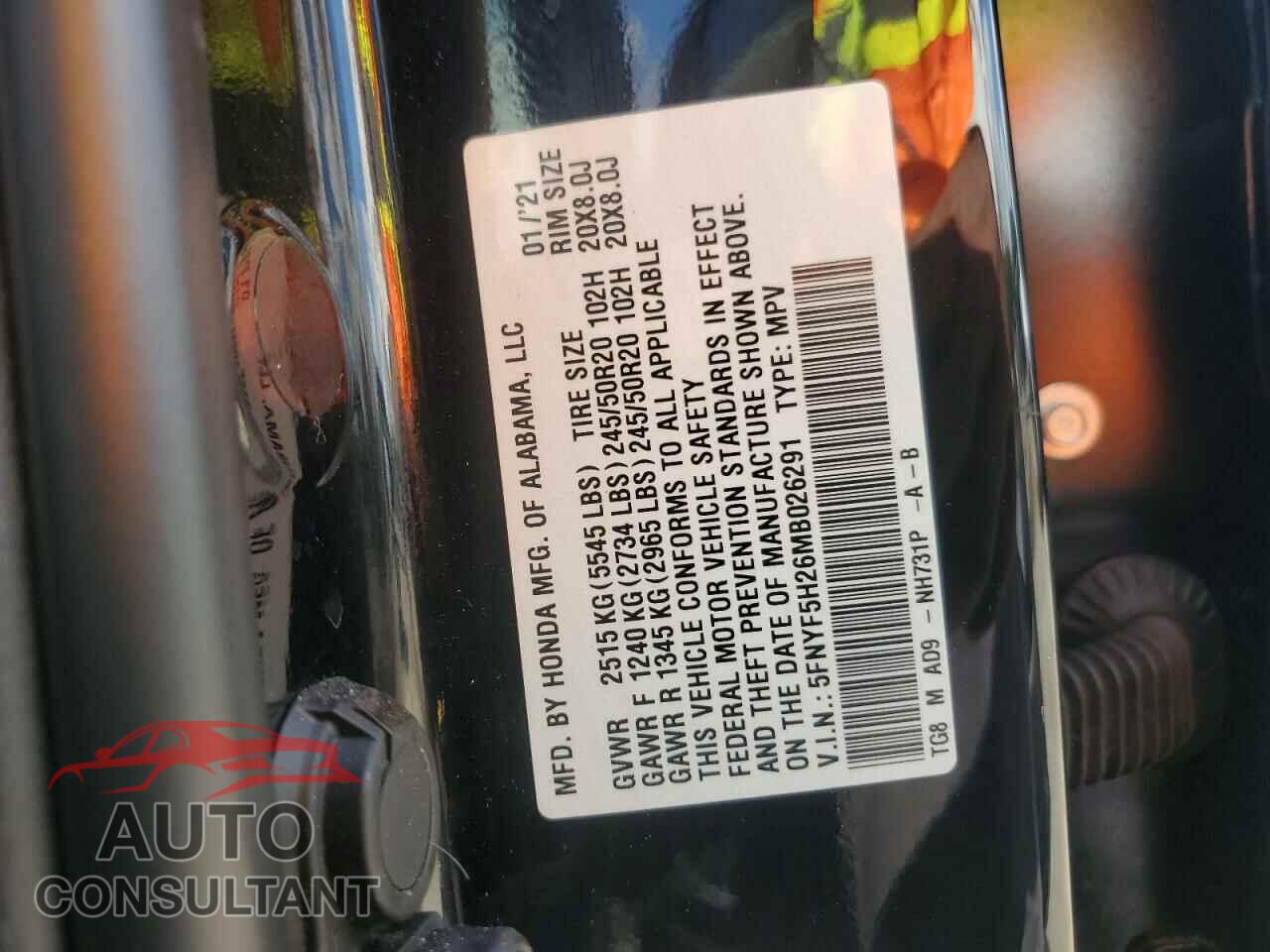 HONDA PILOT 2021 - 5FNYF5H26MB026291