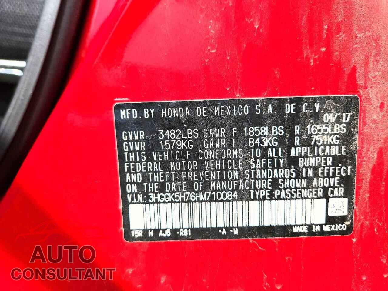 HONDA FIT 2017 - 3HGGK5H76HM710084