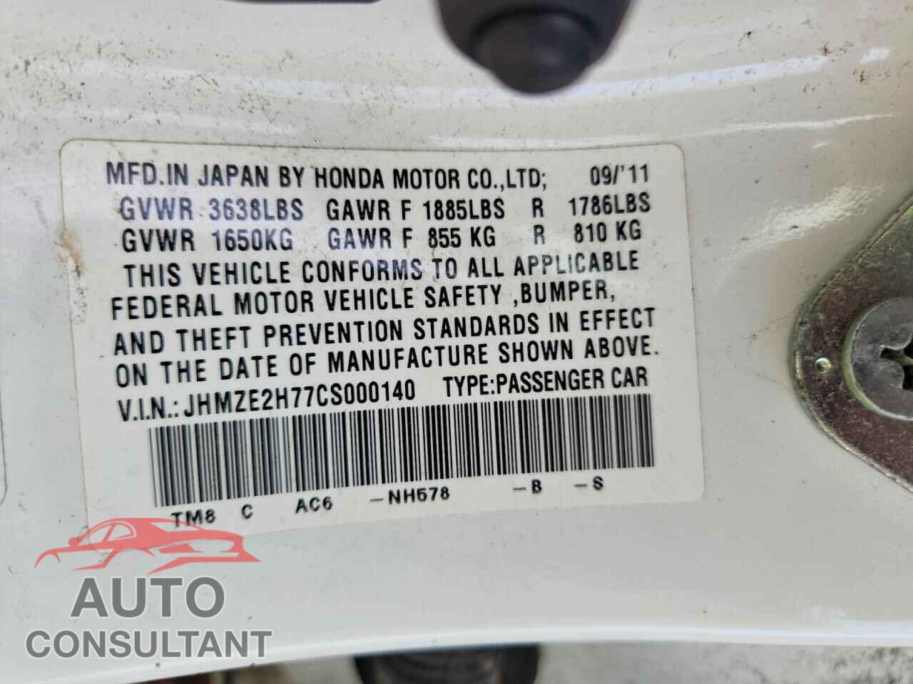 HONDA INSIGHT 2012 - JHMZE2H77CS000140