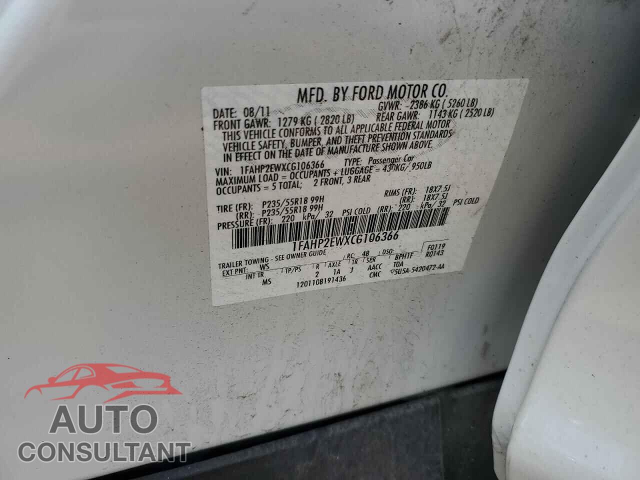 FORD TAURUS 2012 - 1FAHP2EWXCG106366