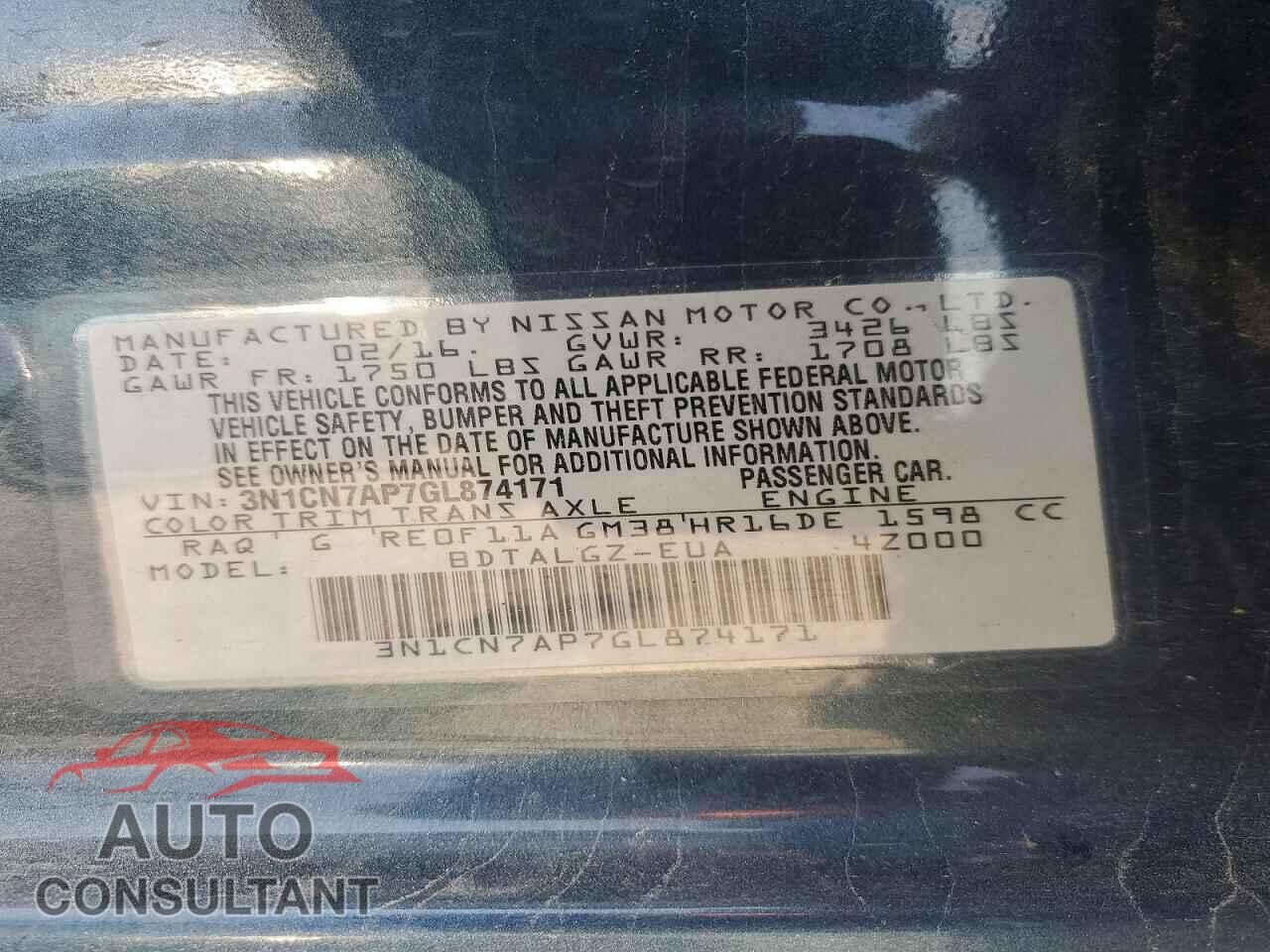 NISSAN VERSA 2016 - 3N1CN7AP7GL874171