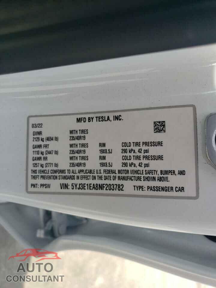 TESLA MODEL 3 2022 - 5YJ3E1EA8NF203782