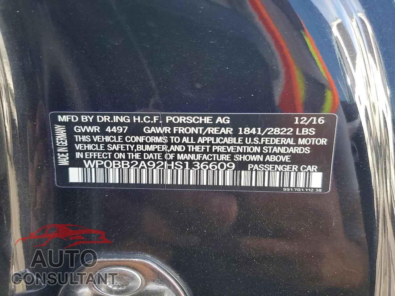 PORSCHE 911 2017 - WP0BB2A92HS136609
